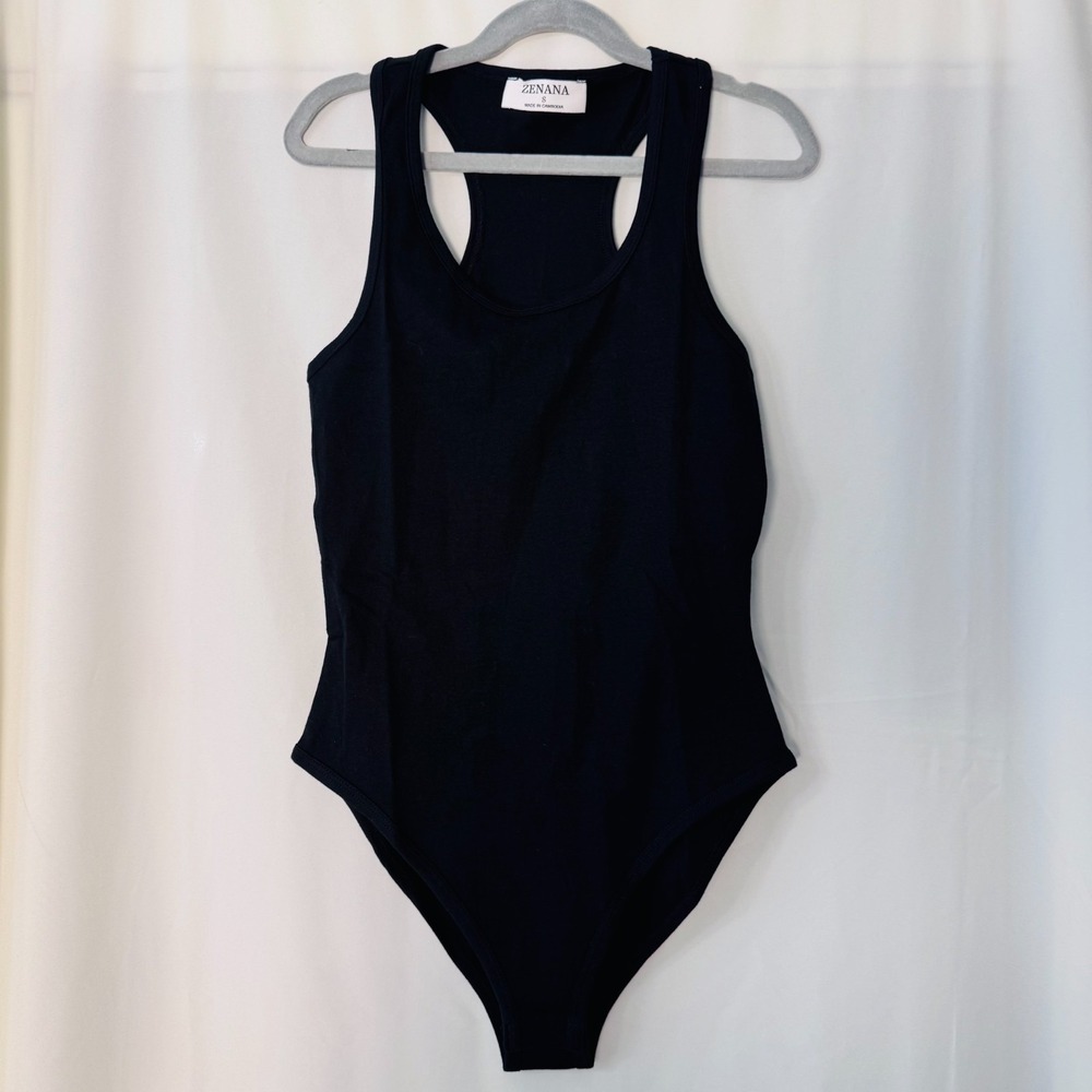 Zenana Black Racerback Bodysuit Small Minimalist Balletcore Stretch Tank NWOT
